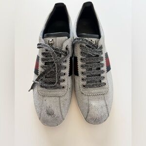 Gucci Silver Glitter Bambi Web Details Studded Low Top Sneakers Size 40.5